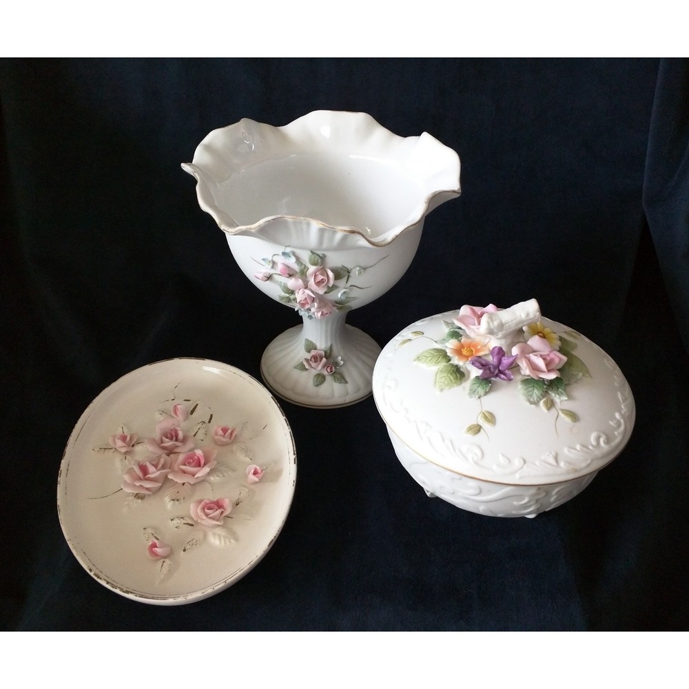 Vintage Lefton Pink Rose Floral Wall Plaque, Footed Bowl & Jar With Lid- Japan